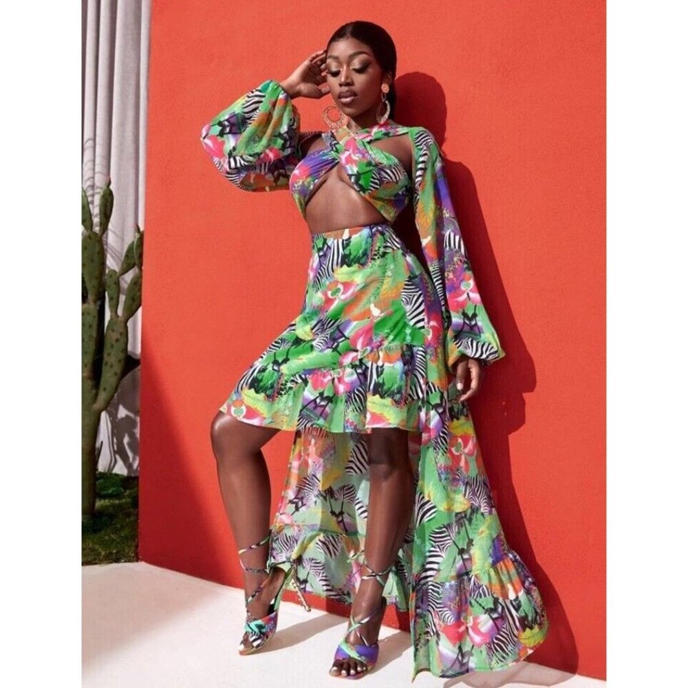 Shein Dress Maxi Hi Lo Cutout Green Tropical Print Long Sleeve NWT - Picture 2 of 16